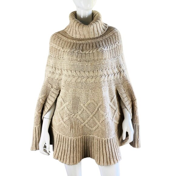 NWOT Luxury Italy Cocogio Taupe  Cable Knit Cowl Neck Pullover Poncho Sweater - Picture 1 of 8